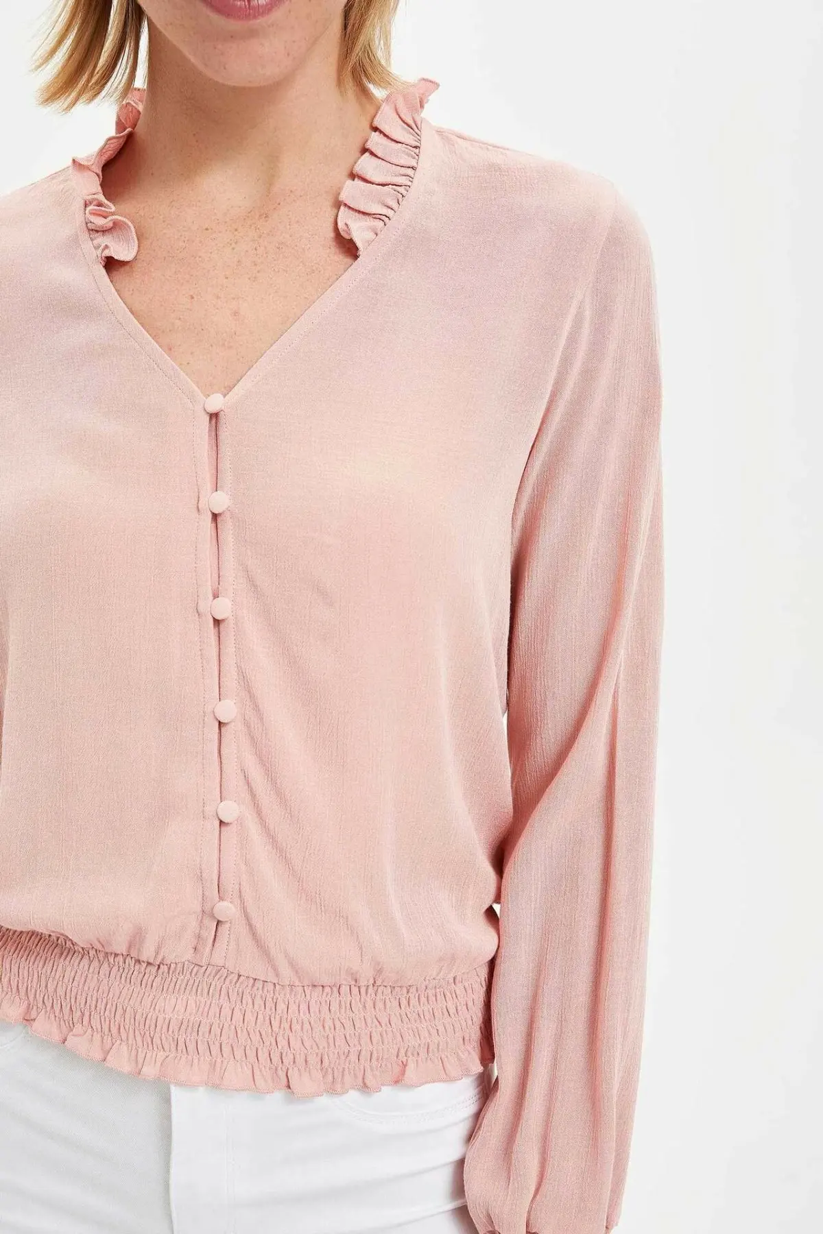 Женские Розовые рубашки DeFacto повседневные с длинным рукавом блузки v-образным