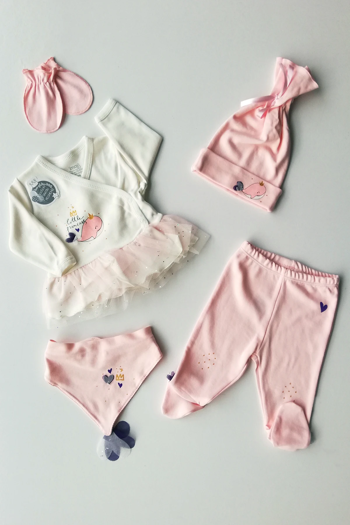 

Princess Fish Girl 5 Pieces Newborn Baby Girl Hospital Outfit Cotton