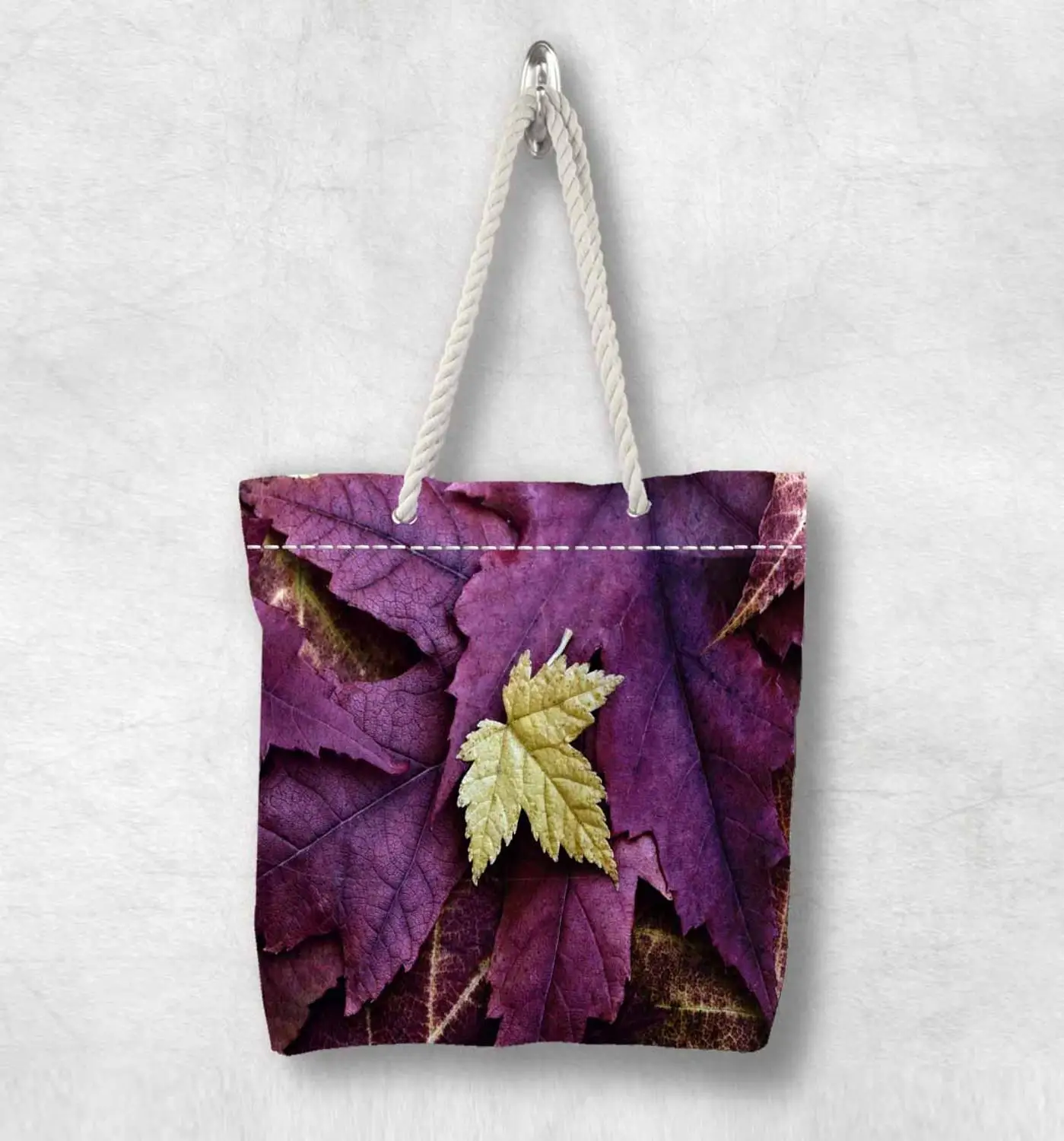 

Else Purple Leaves on Yellow Leaf Floral New Fashion White Rope Handle Canvas Bag Cotton Canvas Zippered Tote Bag Shoulder Bag