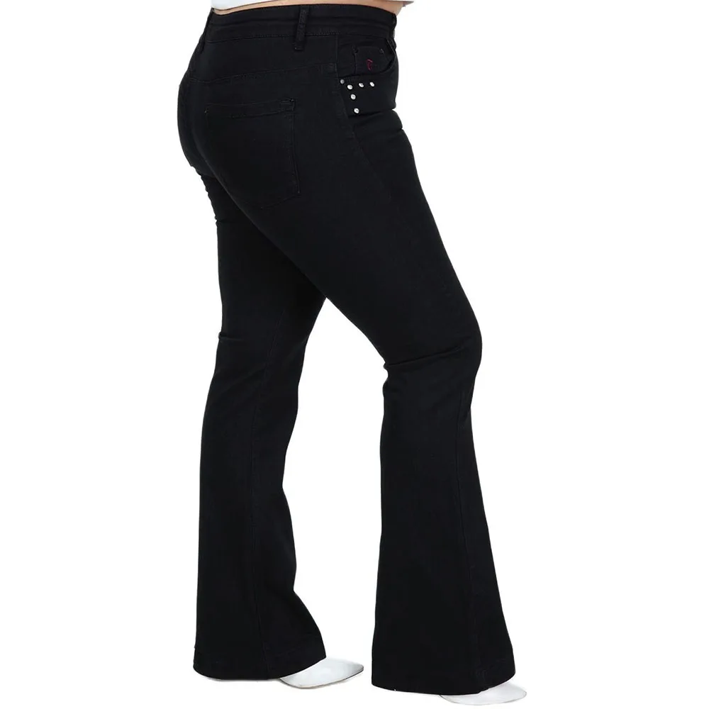 Hanezza Plus Size Women Fashion 2021 Winter Clothing Stone Detailed Flare High Rise Full-Length Elegant Denim Trousers + 2XL - 7XL + Large Size Highly Seasonal Chic Jeans + 44 - 54 EU Streetwear Female Body Type Black