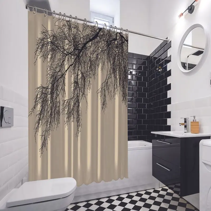 Занавеска для душа Высокая береза старые ветви силуэт лес природа бежевый и