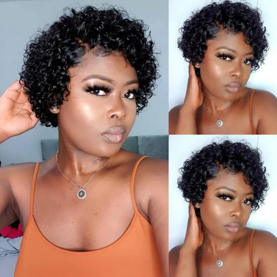 

Pixie Cut Wig Short Kincy Curly Human Hair Wigs Ombre 13X1 Transparent Lace Wigs 150 Remy hair Bouncy Deep Wave Bob Wig