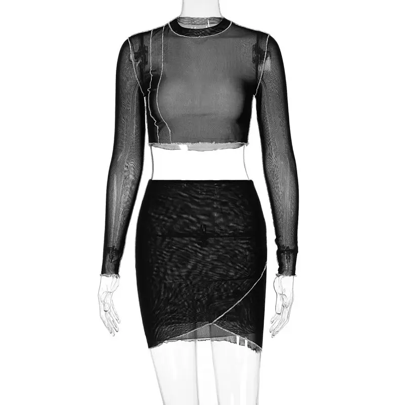 

2022 Mesh Patchwork Women 2 Piece Set Long Sleeve Crop Top Mini Skirt See Through Sheer Bodycon Sexy Streetwear 2022 Summer