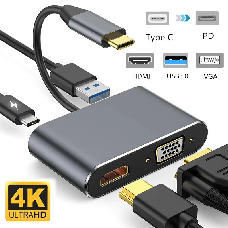 Адаптер VGA 4 в 1 с USB Type C на 4K преобразователь Аудио и видео PD 87 Вт быстрая зарядка
