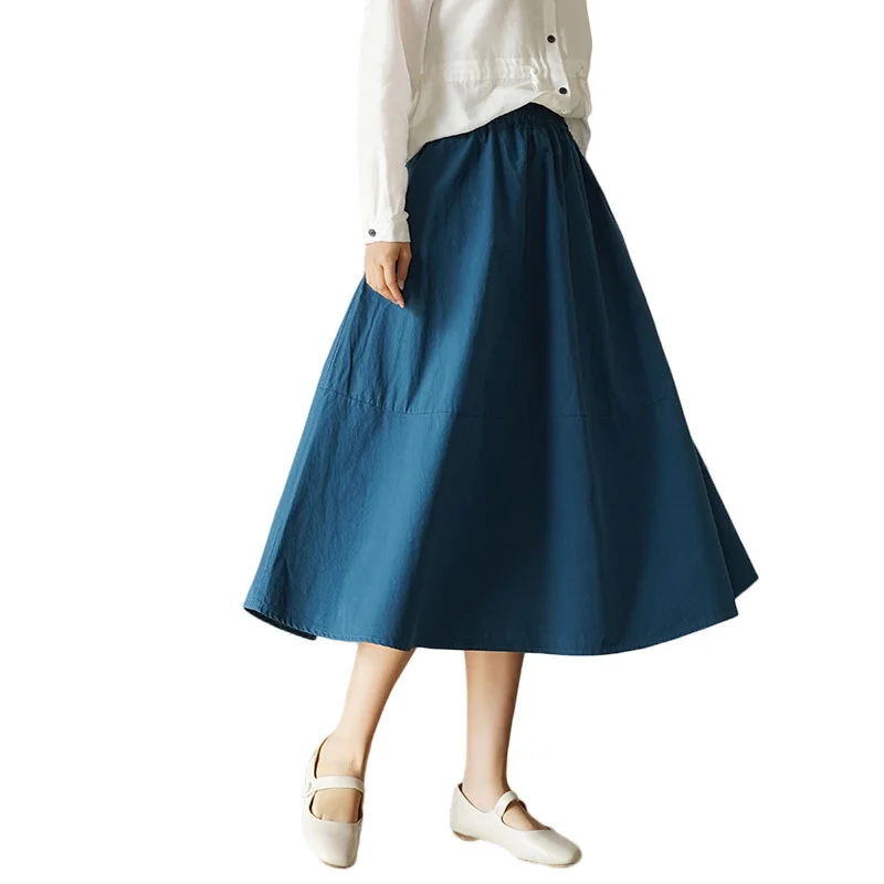 Повседневная однотонная трапециевидная хлопковая юбка до середины икры для