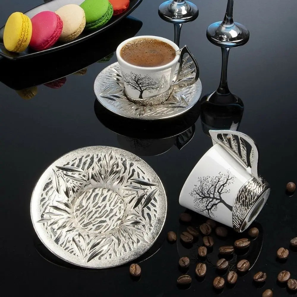Tree Patterned Coffee Cup Set for 2 Silver Gift Coffee supplies Kitchen Coffee accessories Cup and saucer Gift for Mom and Dad