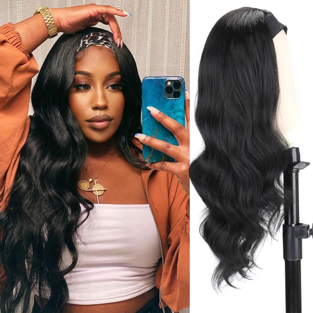 

Women's Headband Wig Body Wave Natural Black Wigs with Headband Wig Human Hair Grip Headband Scarf Glueless Wigs For Women