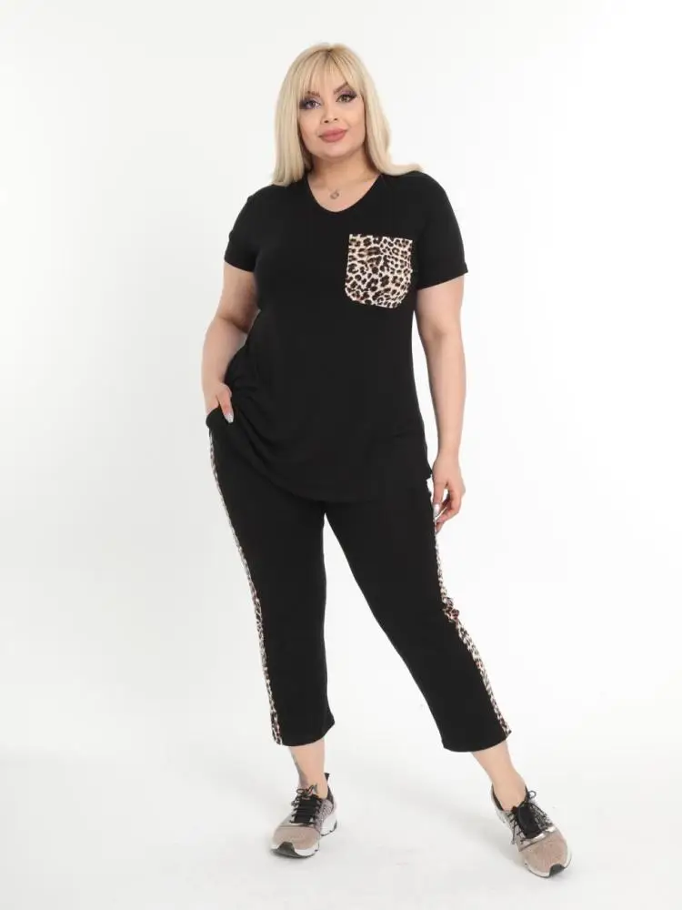 Plus Size Sets Two Pieces Woman Pajamas Sleeping Suits Outfits Track Suit 2022 Black Leopard Lycra Viscose Made in Turkey