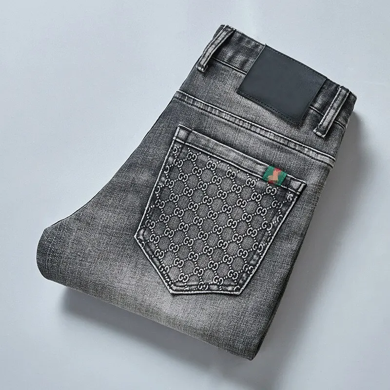 Spring Fashion Men's Jeans Cotton Slim Elastic Bee Brand Business Pants Trousers Classic Style Male Denim Gray/Black Color