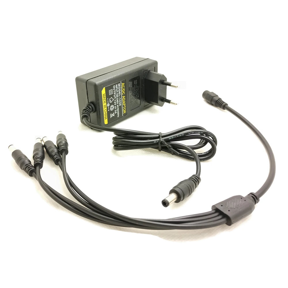 JIENUO DC 12V 3A EU Plug AC/DC Power Adapter Supply + 4 Split Cable for CCTV Camera DVR NVR IP AHD TVI CVI Analog | Безопасность и