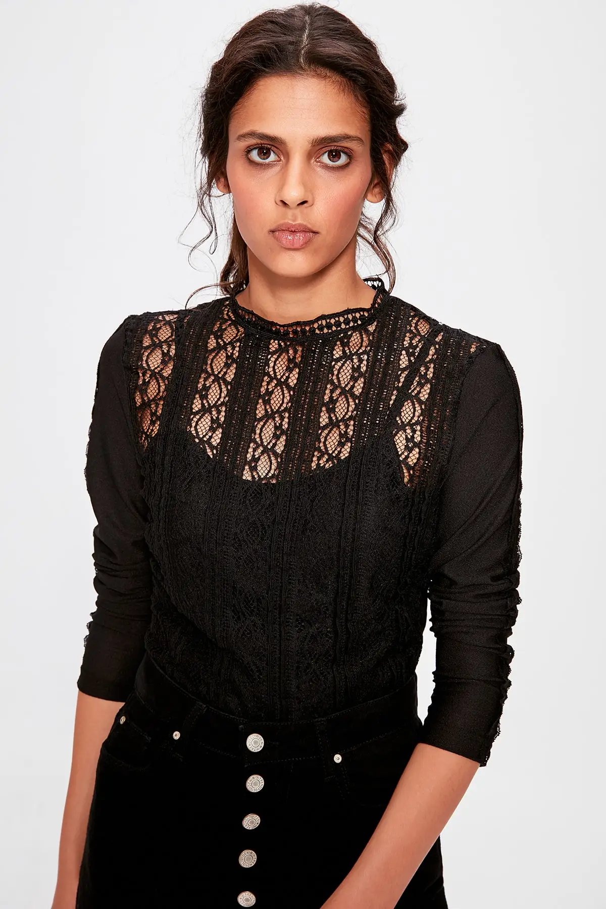 Черная трикотажная блузка с рюшами TWOAW20BZ0334|Блузки| |