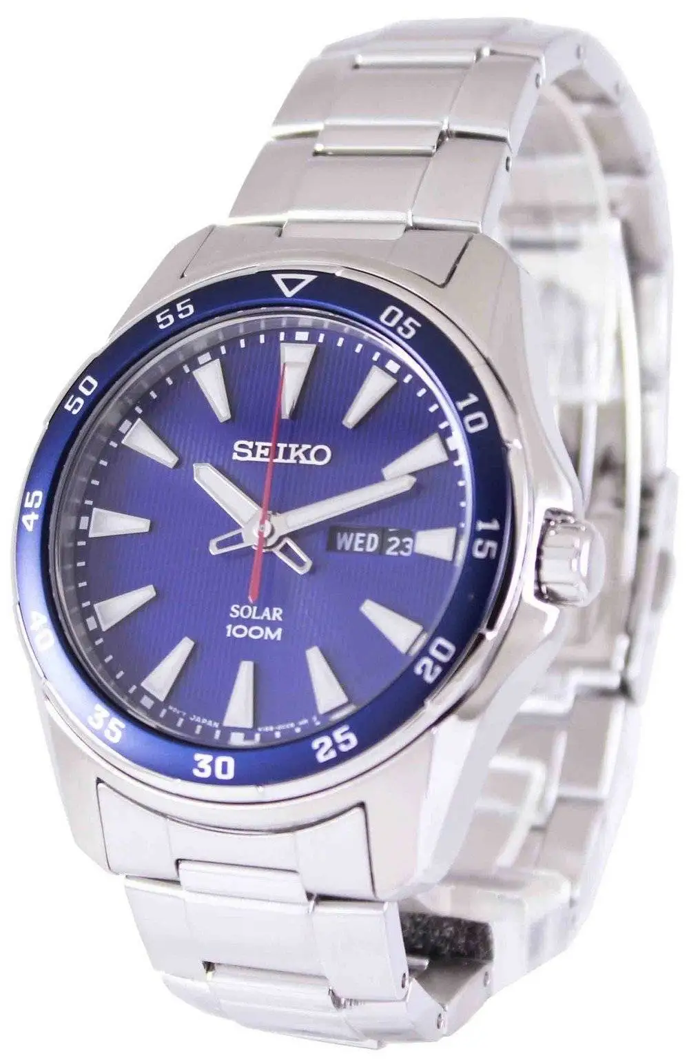 Мужские солнечные часы Seiko SNE391P1 с синим циферблатом ремешок из нержавеющей стали