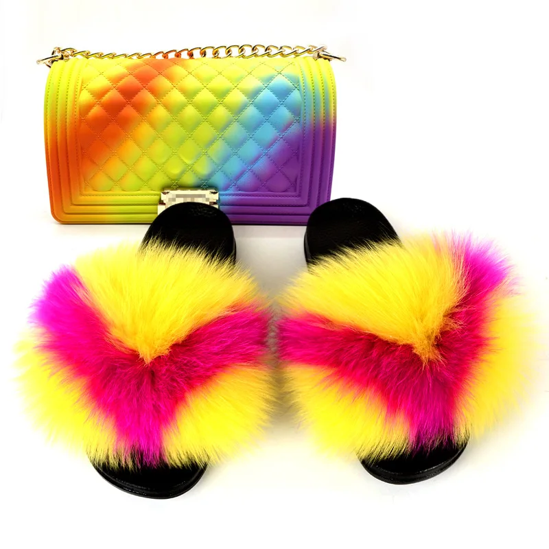 

GW Women Jelly Chain Bag Fur Slippers Set Fashion Fluffy Fur Slides Purse Match Set Ladies Plush Furry Rainbow Fur