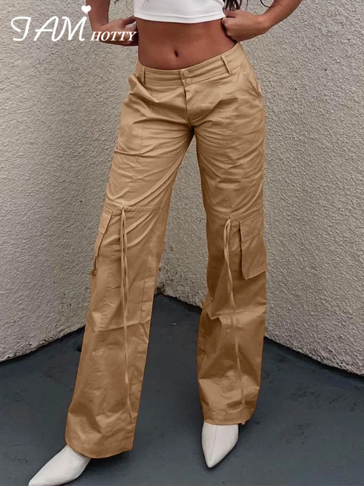 

IAMHOTTY Street Style Cargo Pants High Waist Straight Baggy Jeans Khaki Wide Leg Casual Denim Trousers Fairycore Grunge Clothes