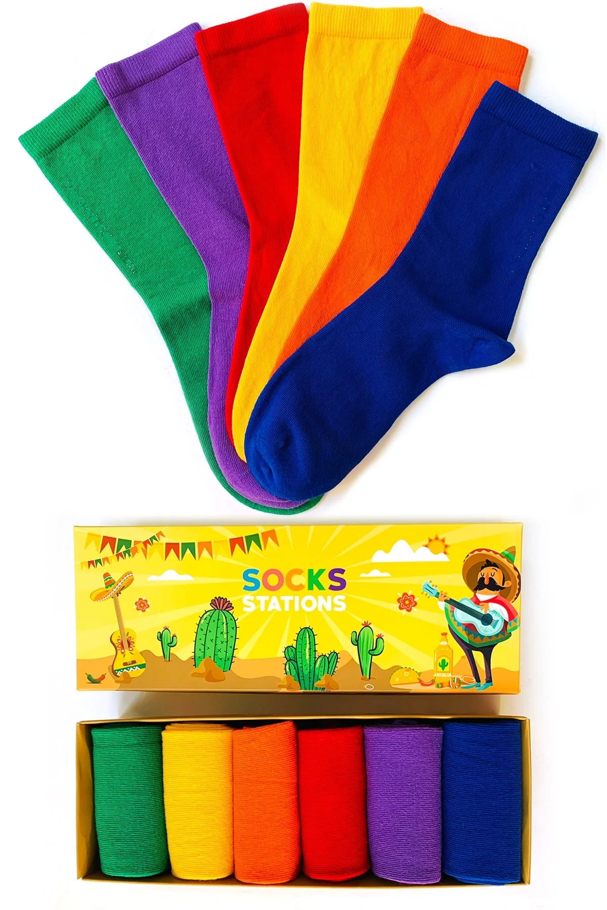 

6 Pairs Casual Style Unisex Daily Sport Women Men Colorful Socks Green Blue Red Purple Orange Yellow Long With Box