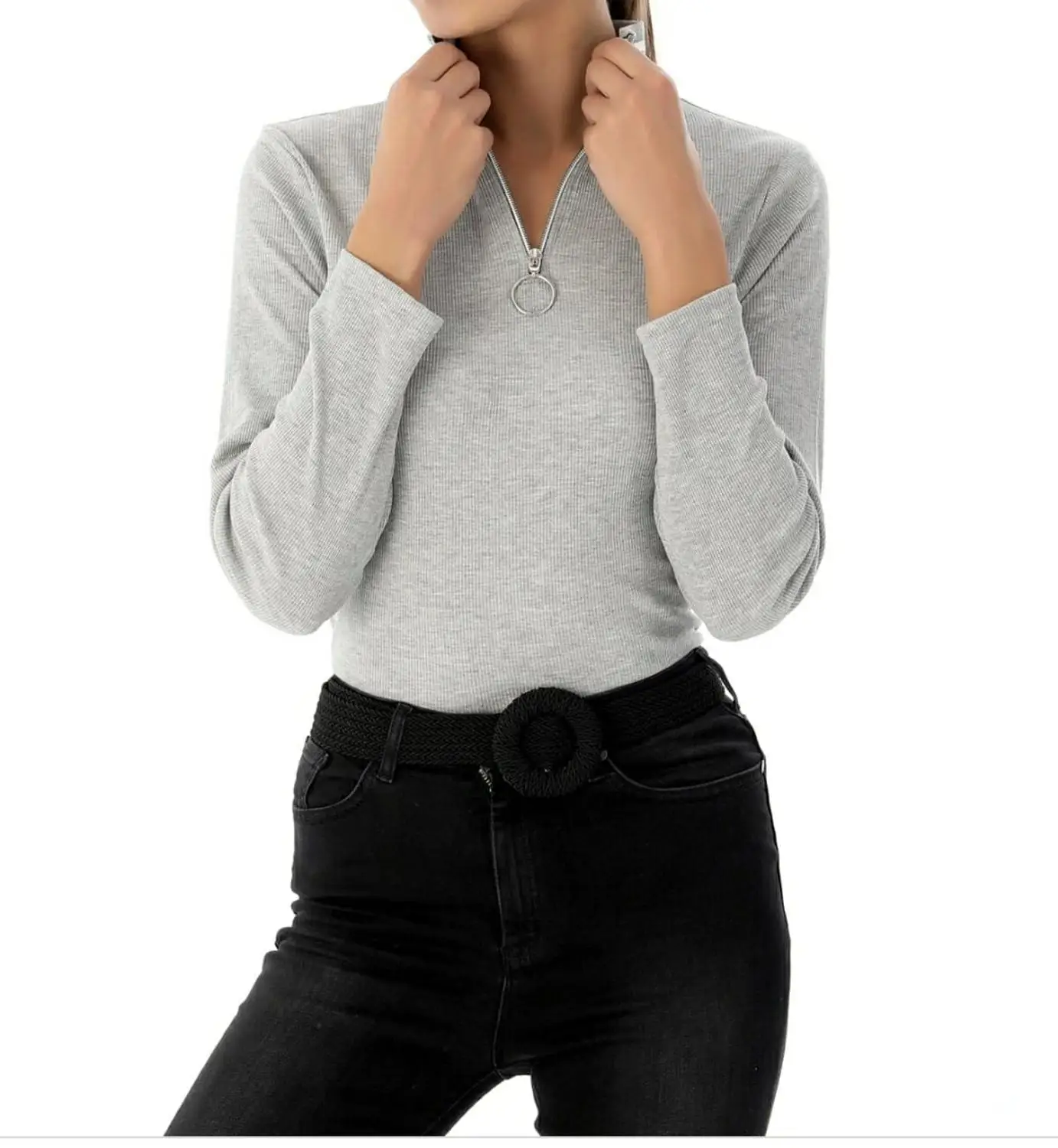 

Women's Gray Turtleneck Gray Zippered Lycra Blouse