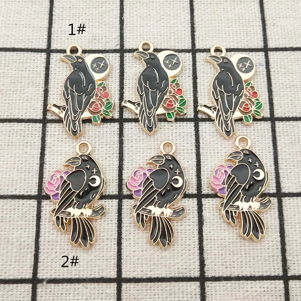 

10pcs Enamel Flower Crow Charm Jewelry Accessories Earring Pendant Bracelet Necklace Charms Diy Craft Supplies 17x22mm