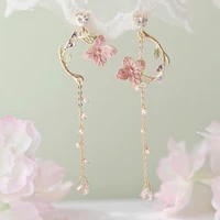 2022 new korean style flower asymmetrical dangle earrings for women shiny rhinestone long tassel cute cat earring sweet jewelry