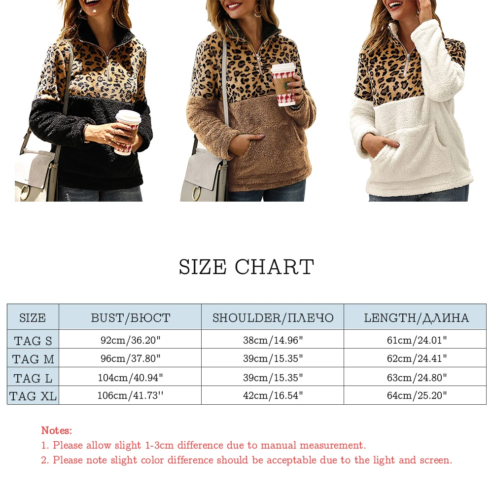 

Women Leopard Print Patchwork Sweaters Pullover Turtleneck Fleece Jumper Female Long Sleeve Autumn Winter Fuzzy Zipper Sweater