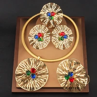 italian gold color jewelry sets for women weddings bride zircon stone flower big earrings necklace dubai african bangle ring set