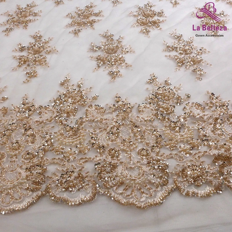 Beige La Belleza 1 ярд Тяжелая ручная работа Бисером кружевная ткань темно-синий/королевский синий/винный/слоновая кость/серый свадебное платье кружевная ткань 49 ''ширина - Цвет: Beige