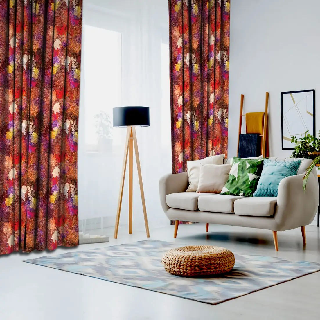 Занавеска с листьями цветочный рисунок листва дуба клена березы красный