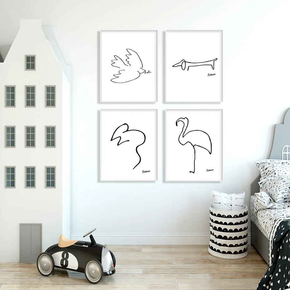 Abstract Line Art Animals Sketches Nursery Decor Canvas Painting Minimalist Black and White Wall Poster Print Picture Home | Дом и сад