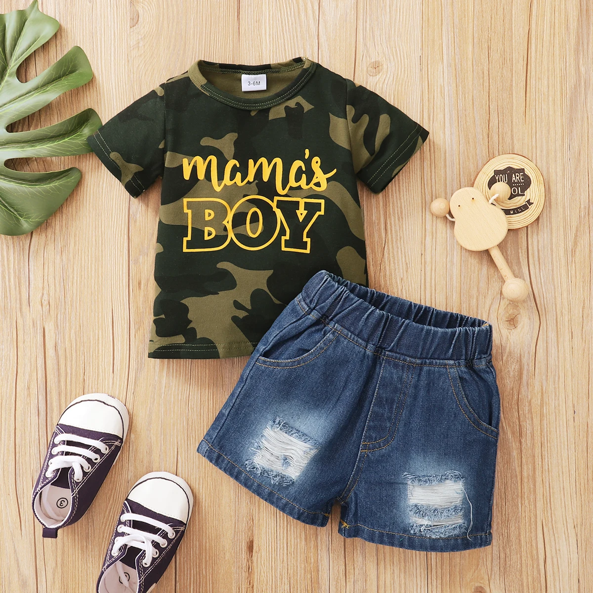 

PatPat 2pcs Baby Boy Clothing Sets Letter Print Camo Short-sleeve T-shirt and Ripped Denim Shorts Set