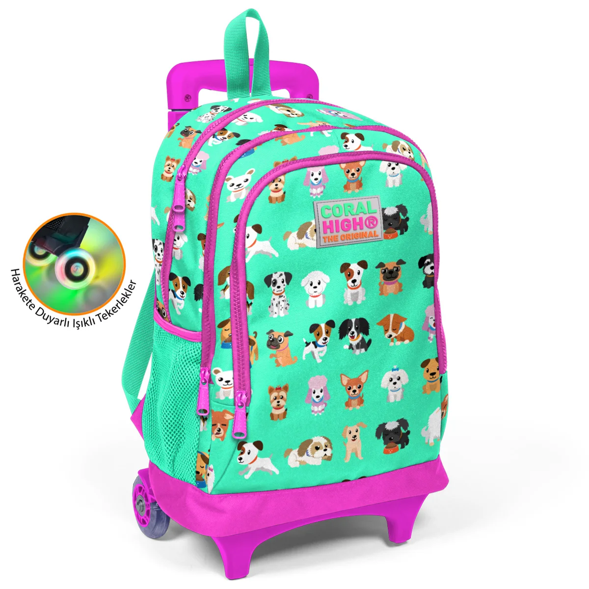 

Trolley school bag coral high water green dog patterned luminous wheel two-compartment backpack stationery products