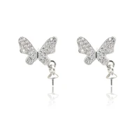 2pcs 925 sterling silver butterfly blank stud earring settings findings 19x11mm with zirconia for half drilled beads