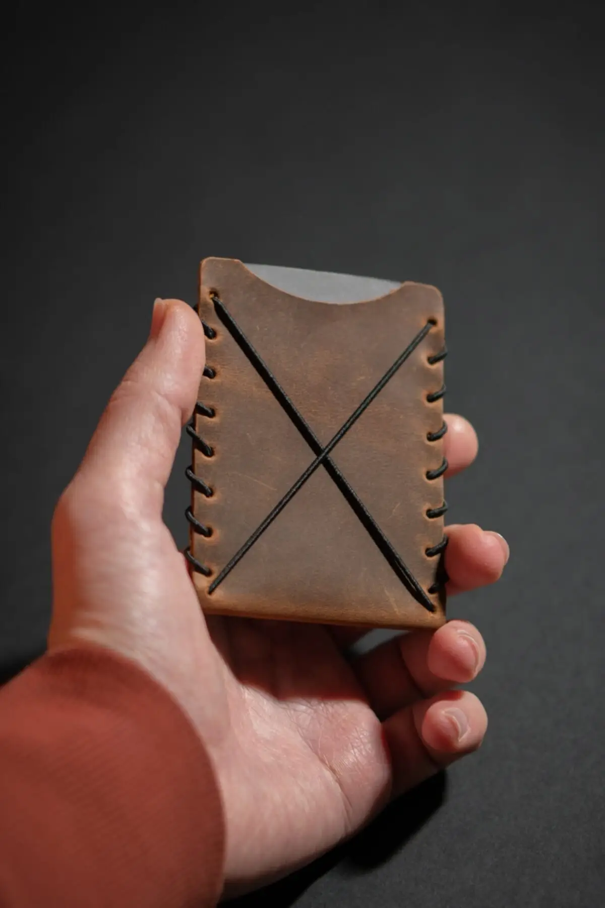 

Unisex X Design Genuine Leather Handmade Card / ID / Money Holder Wallet (Snuff-Colored)