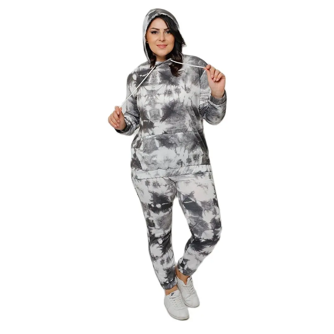 Women’s Plus Size Black Sweatsuit Set 2 Piece Tie Dye Print Tracksuit, Designed and Made in Turkey, New Arrival