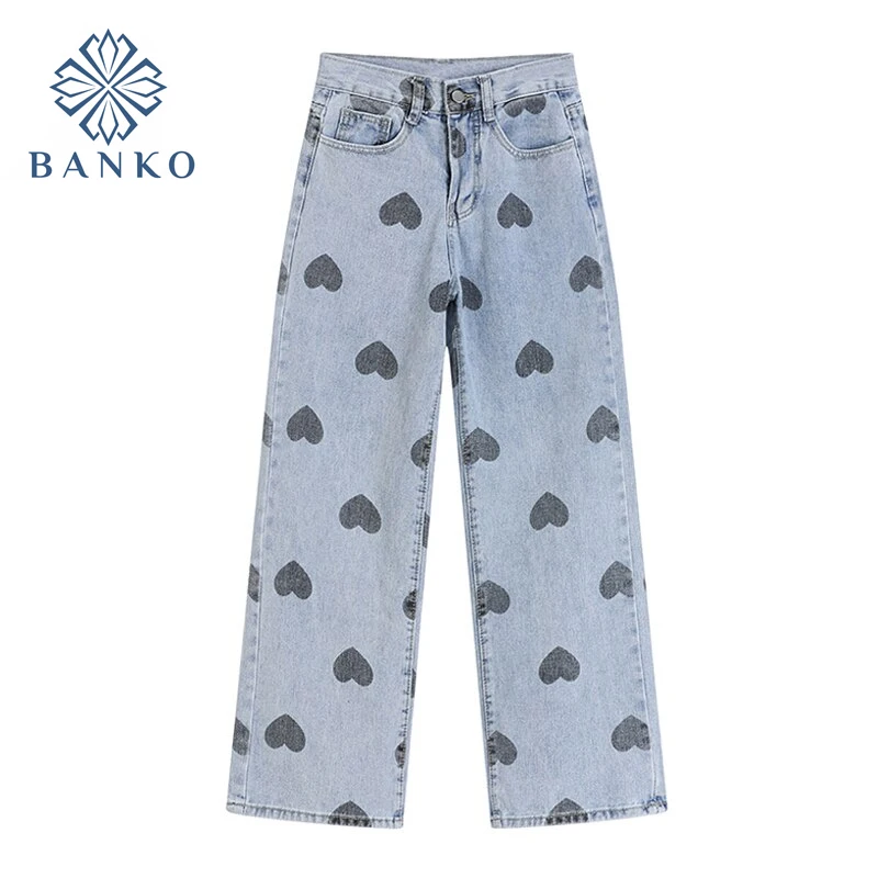 

Fashion Streetwear High Waist Jeans Women Baggy 2021 Autumn Y2K Streetwear Wide Leg Pants Heart Printed Denim Long Trouser