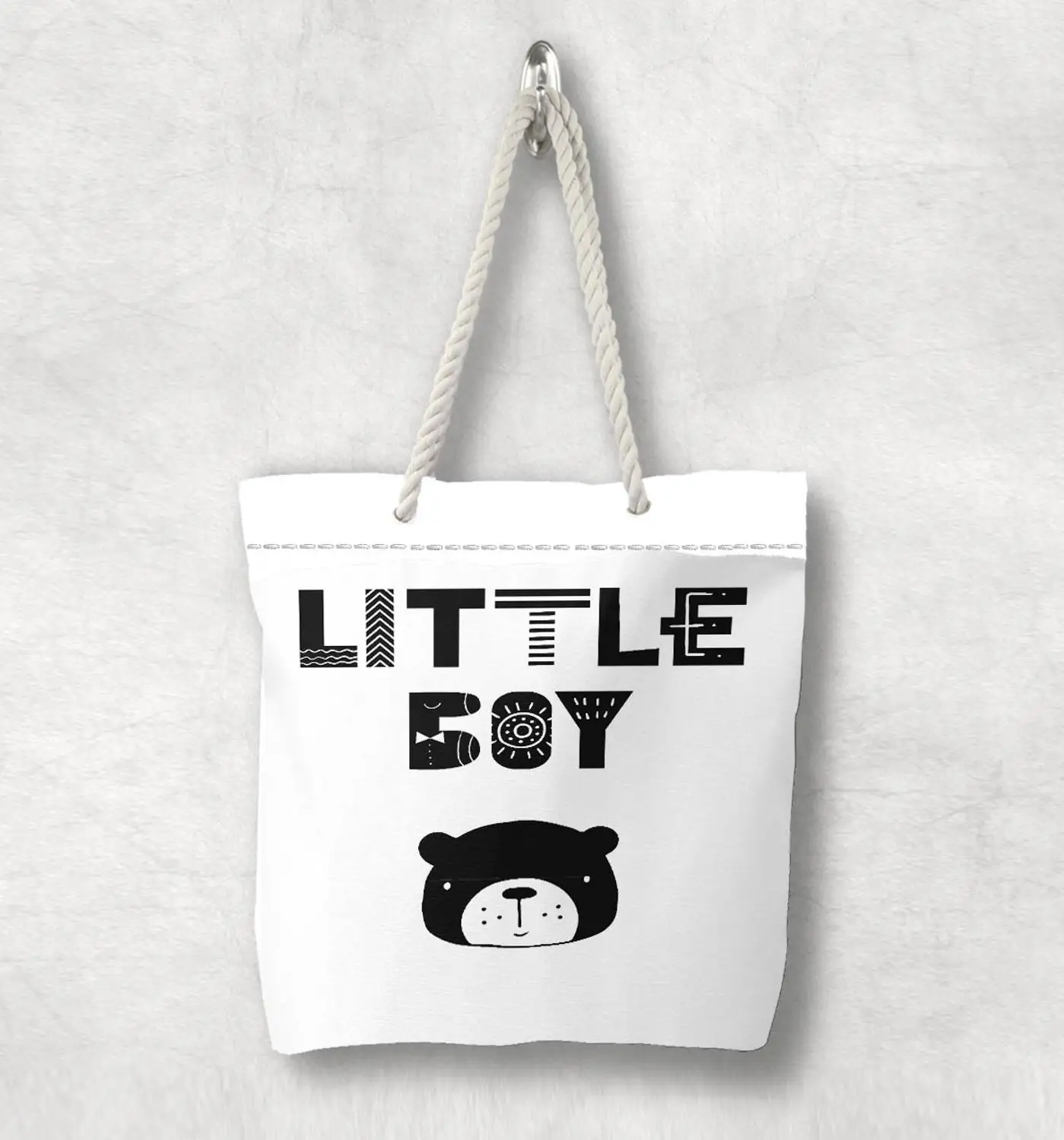 

Else Black White Little Boy Bear Nordic Scandinavian White Rope Handle Canvas Bag Cartoon Print Zippered Tote Bag Shoulder Bag
