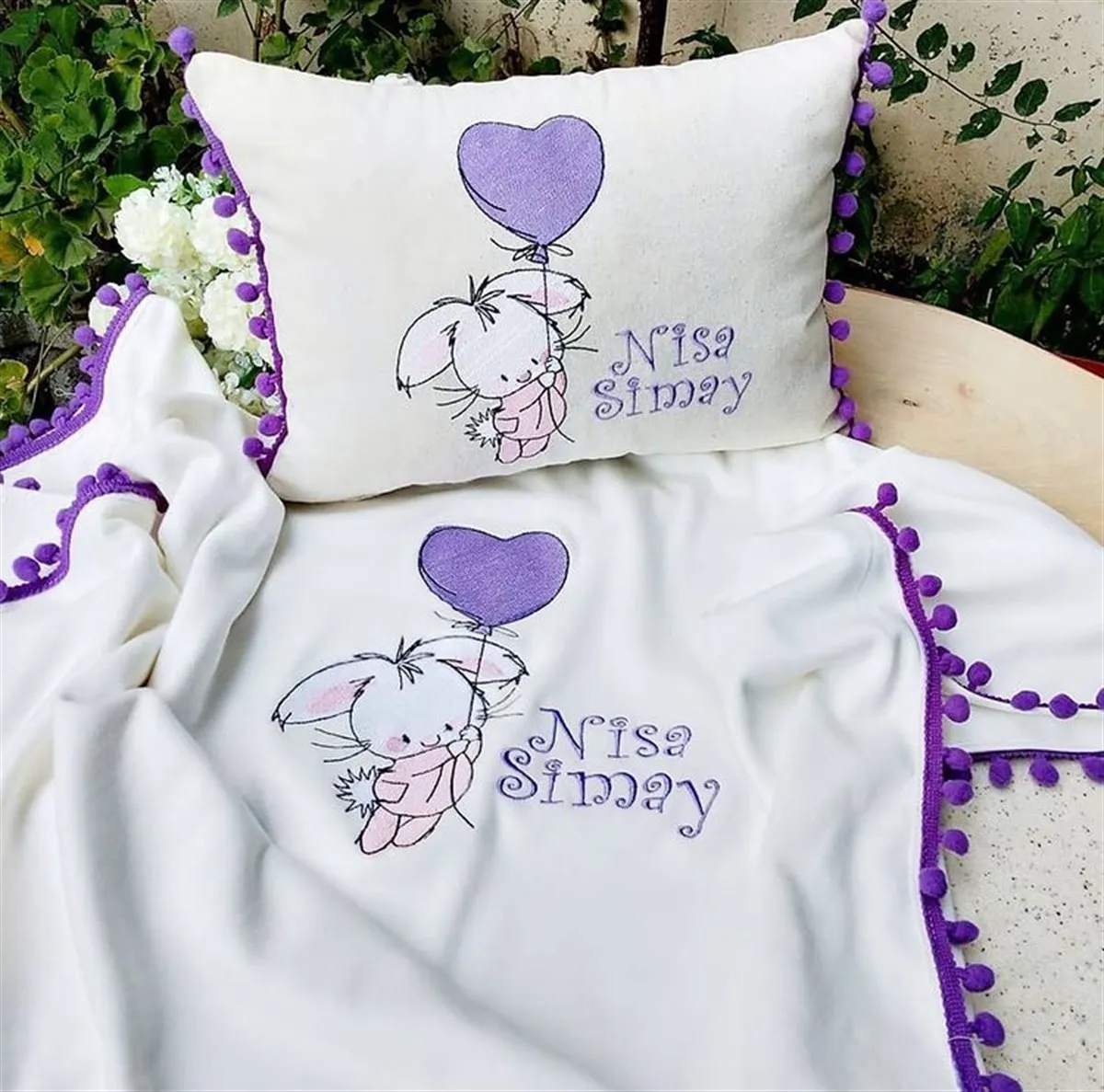 

Jaju Baby Handmade Rabbit And Name Embroidered Baby Pillow and Coverlet