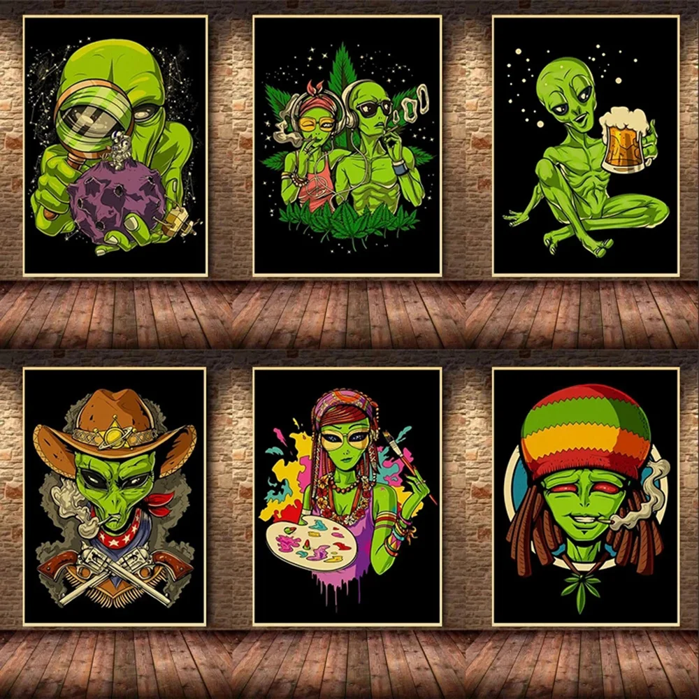 Забавный психоделический инопланетянин ВИНТАЖНЫЙ ПЛАКАТ и Холст принты роспись