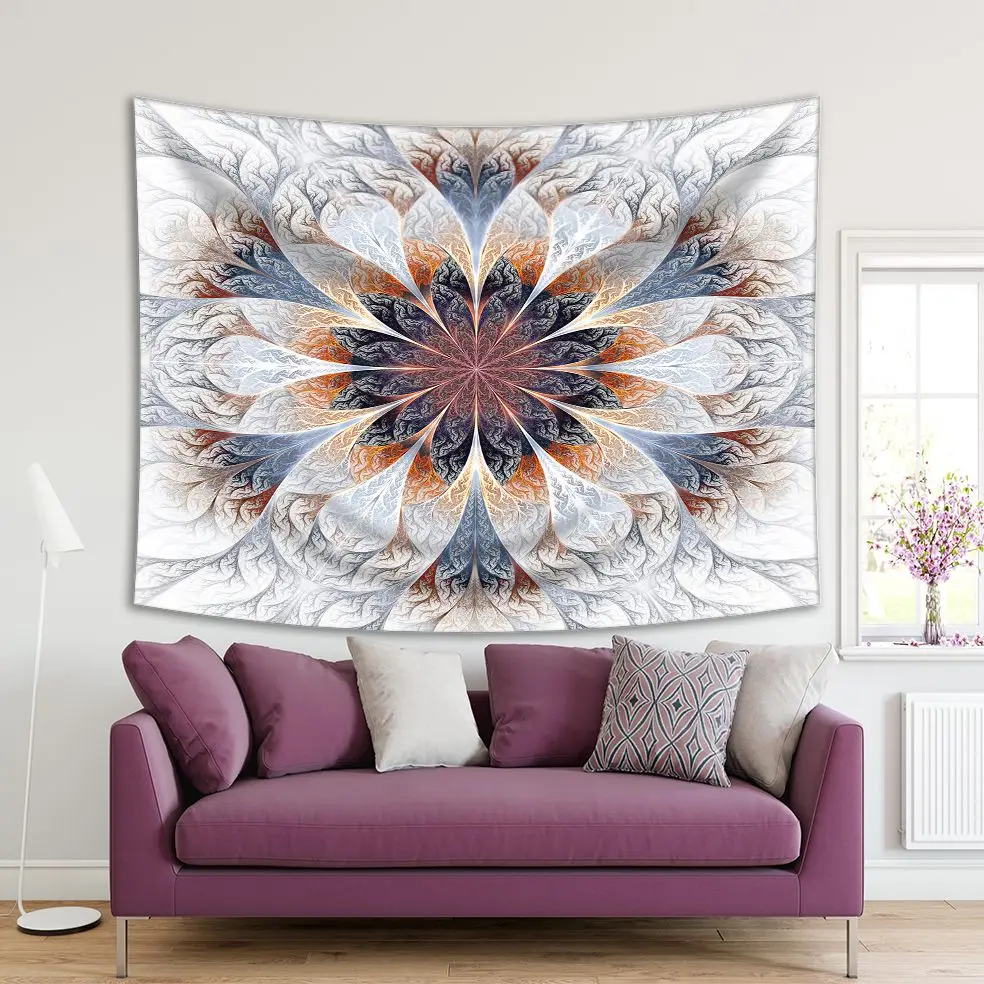 

Tapestry Fractal Flower Pattern Mandala Style Magical Decorative Artwork Printed Gray brown Blue