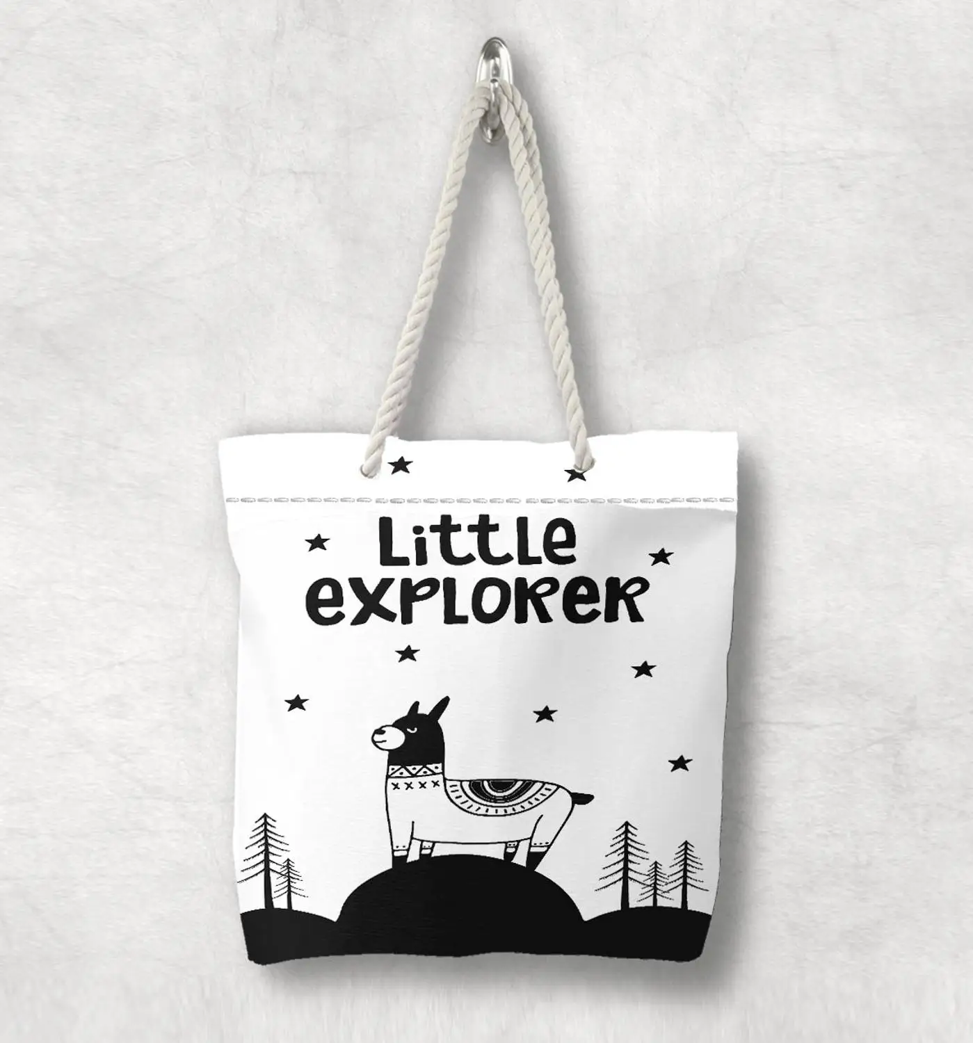 

Else Black White Lama Little Explorer Scandinavian White Rope Handle Canvas Bag Cartoon Print Zippered Tote Bag Shoulder Bag