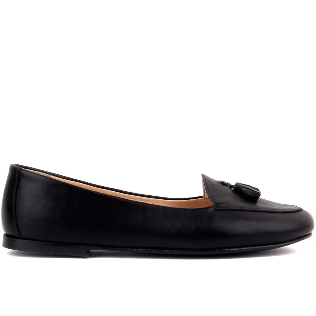 İloz-Black Leather Tassels Women Loafer