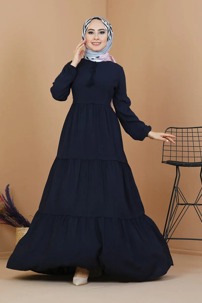 

MUSLIM FASHION 2021 | Gathered Tassel Detailed Hijab Dress Navy-Blue
