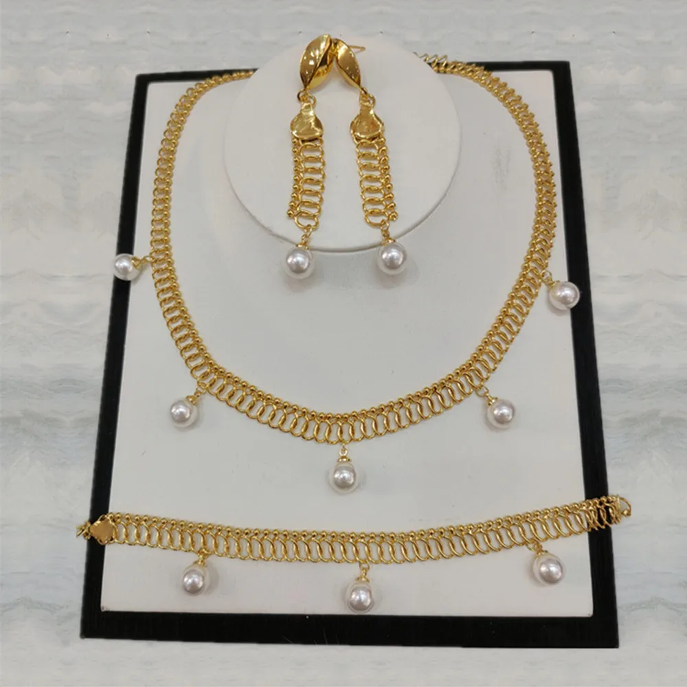 

Dubai Gold Jewelry Sets for Women African Bridal Wedding Gifts Party Bracelet Pearl Necklace Earrings Sets Jewellery