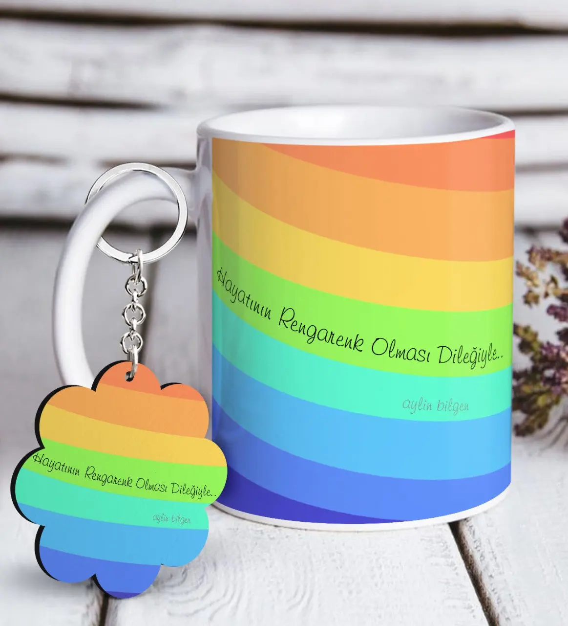 

Personalized Rainbow White Mug and Keychain Gift Seti-2