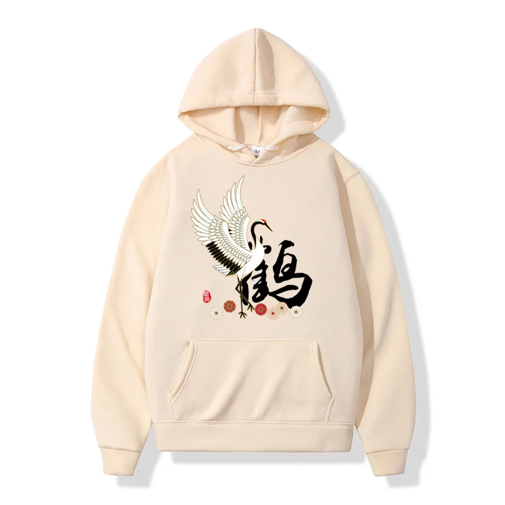 

Mens Hoodie Anime Fashion Chinese style crane print Harajuku Sweatshirts Women Men Fleece Streetwear Oversized Hoodies Clothes