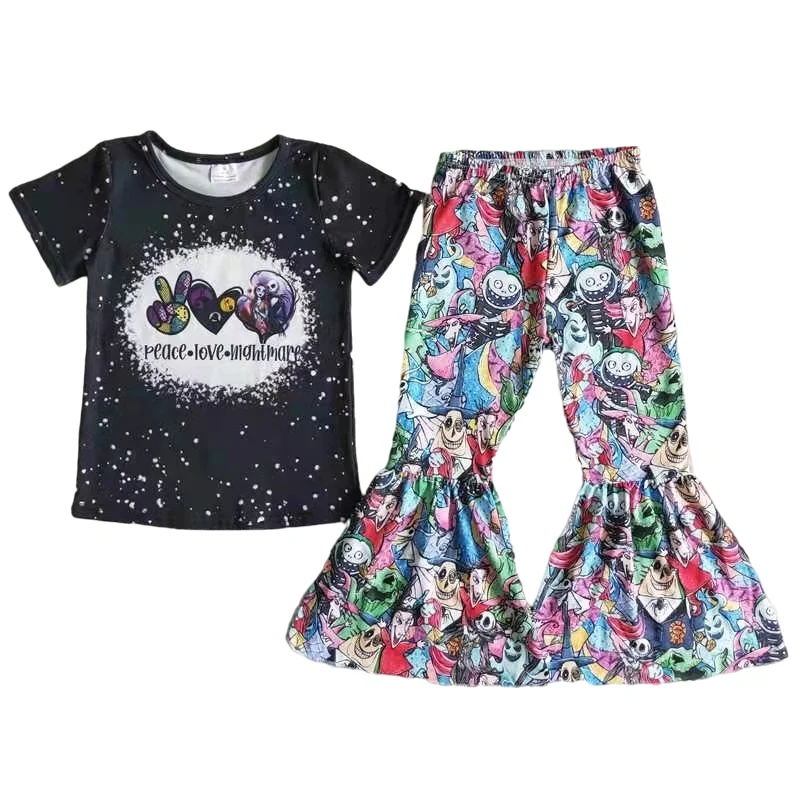 

kids clothing set children boutique clothes baby girl spring outfit black short sleeve top and bell bottom pant outfit