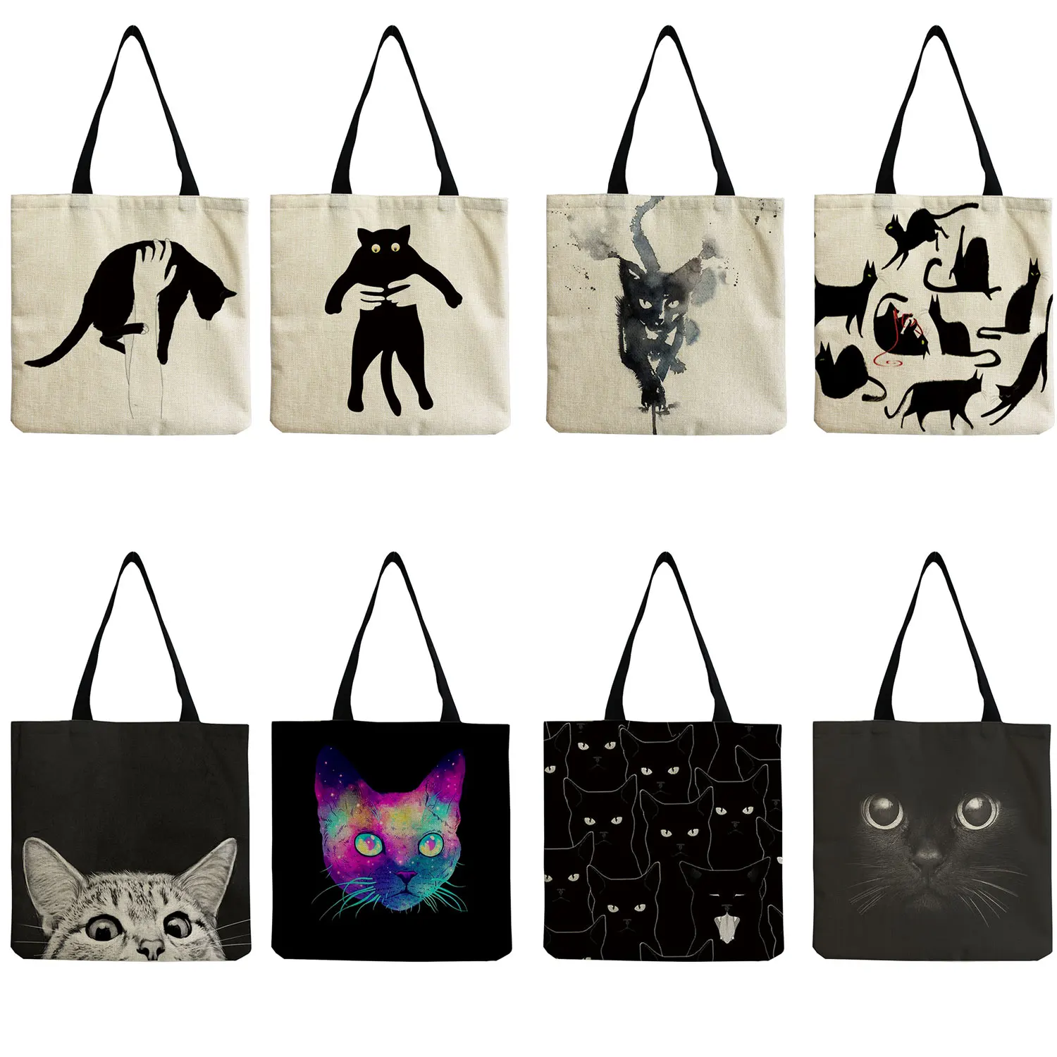 

2022 New Design Bags Black Cat Print Eco Shopping Organizer Simple Totes Office Reusable Casual Shoulder Bags Women's Handag