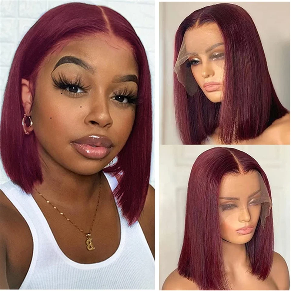 99J Bob Wigs Lace Closure Wig Human Hair Wigs Pre Plucked with Baby Hair 4×4 Burgundy Lace Frontal Wigs Straight Bob Wig