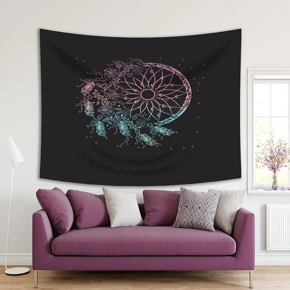 Гобелен Ловец снов перья цветы узор звездная ночь небо богемный стиль