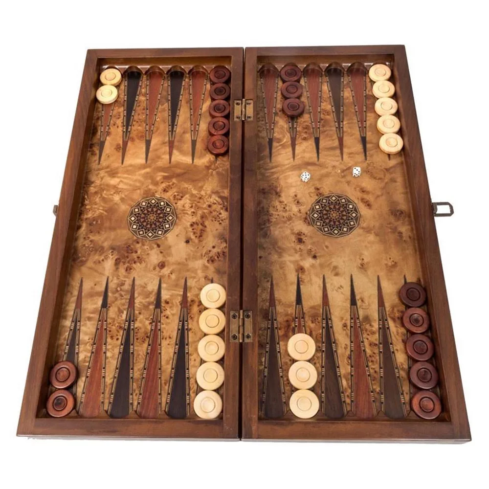 

Elegant Luxury Backgammon Board Game Set Long Big Size - Quality Solid Wooden Mosaic Engraved - With Checkers - Tiles For Gift