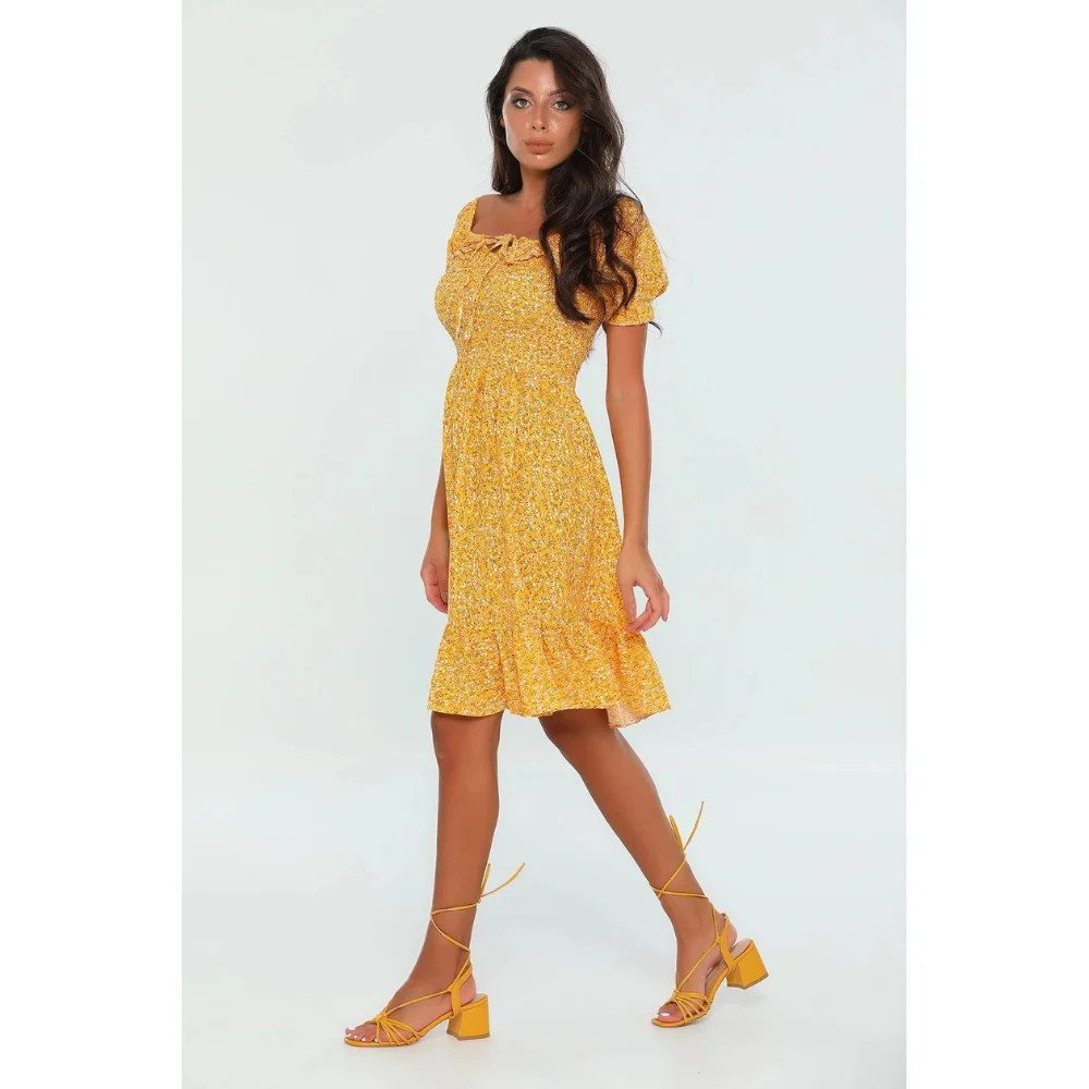 

Mustard Collar Tied Floral Patterned Women's Dress -dresses-women's clothing-dresses-women's clothing free shipping-midi dress-c