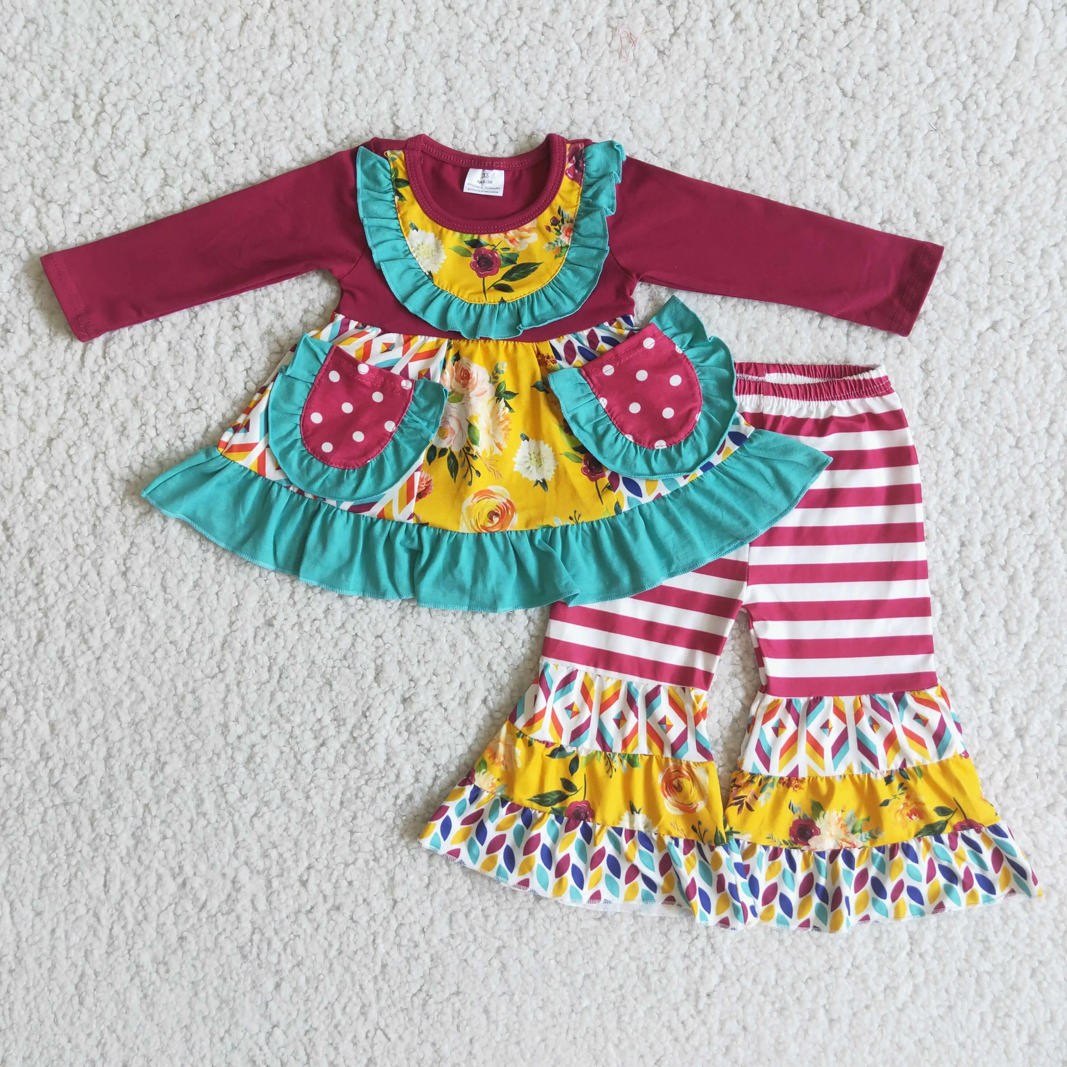 

Kids Clothing Feather Floral Print Double Pocket Jacket And Striped Pantsuit Girl's Clothes Set